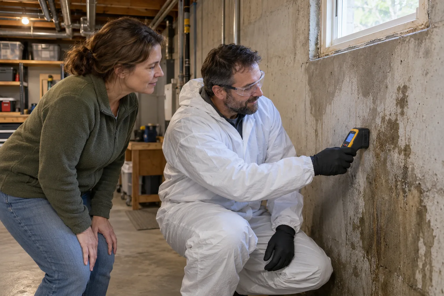 A friendly local provider and a homeowner reviewing a basement wall in a Salem Lakes home