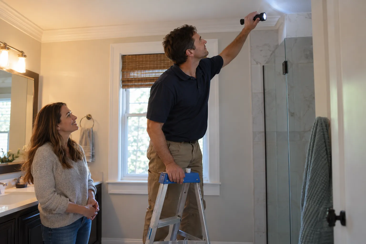 A local provider checking a bathroom ceiling for moisture in the Salem Lakes area
