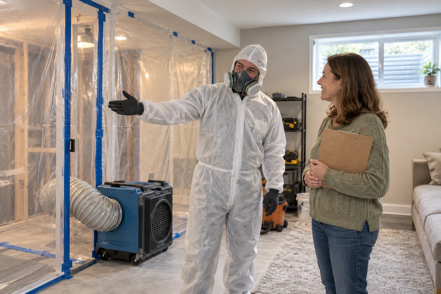 Friendly local mold remediation provider showing a homeowner a sealed work area in a basement in Salem Lakes